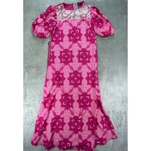 Vonda A Line Maxi Dress Women M Pink Floral Lace Detail Puff Sleeve Keyhole Back